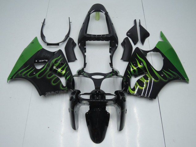 ABS 2000-2002 Black with Green Flame Kawasaki ZX6R Motorcyle Fairings Canada ABS 2000-2002 Black with Green Flame Kawasaki ZX6R Motorcyle Fairings Canada