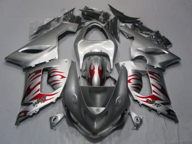 ABS 2005-2006 Silver Red Flame Ninja Kawasaki ZX6R Motorcycle Replacement Fairings Canada ABS 2005-2006 Silver Red Flame Ninja Kawasaki ZX6R Motorcycle Replacement Fairings Canada